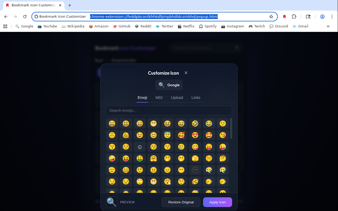 Emoji picker in the Bookmark Icon Customizer popup