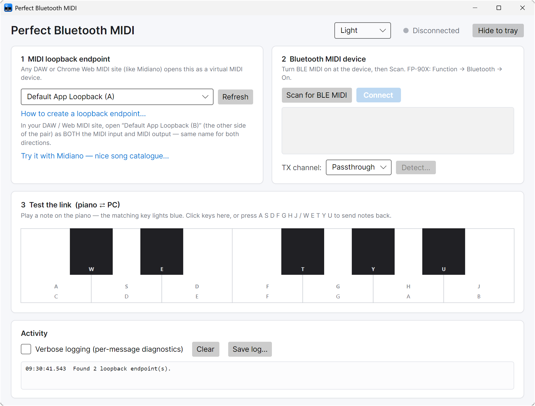 Perfect Bluetooth MIDI For Windows — main window with loopback endpoint picker, BLE scan/connect, TX channel selector, on-screen piano, and activity log.