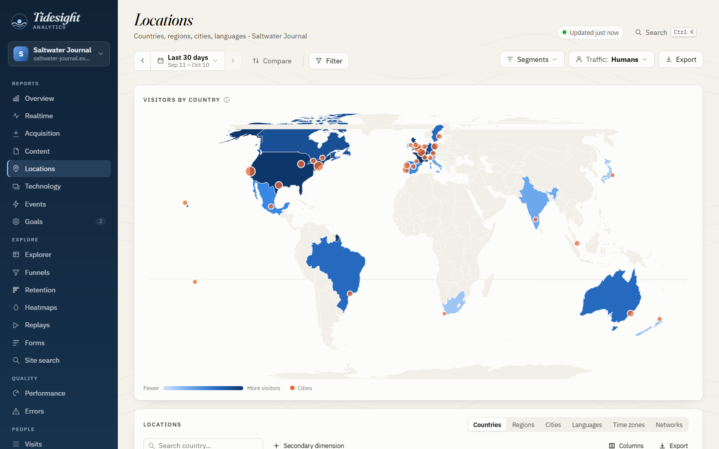 World map shaded by visitors per country, with city markers