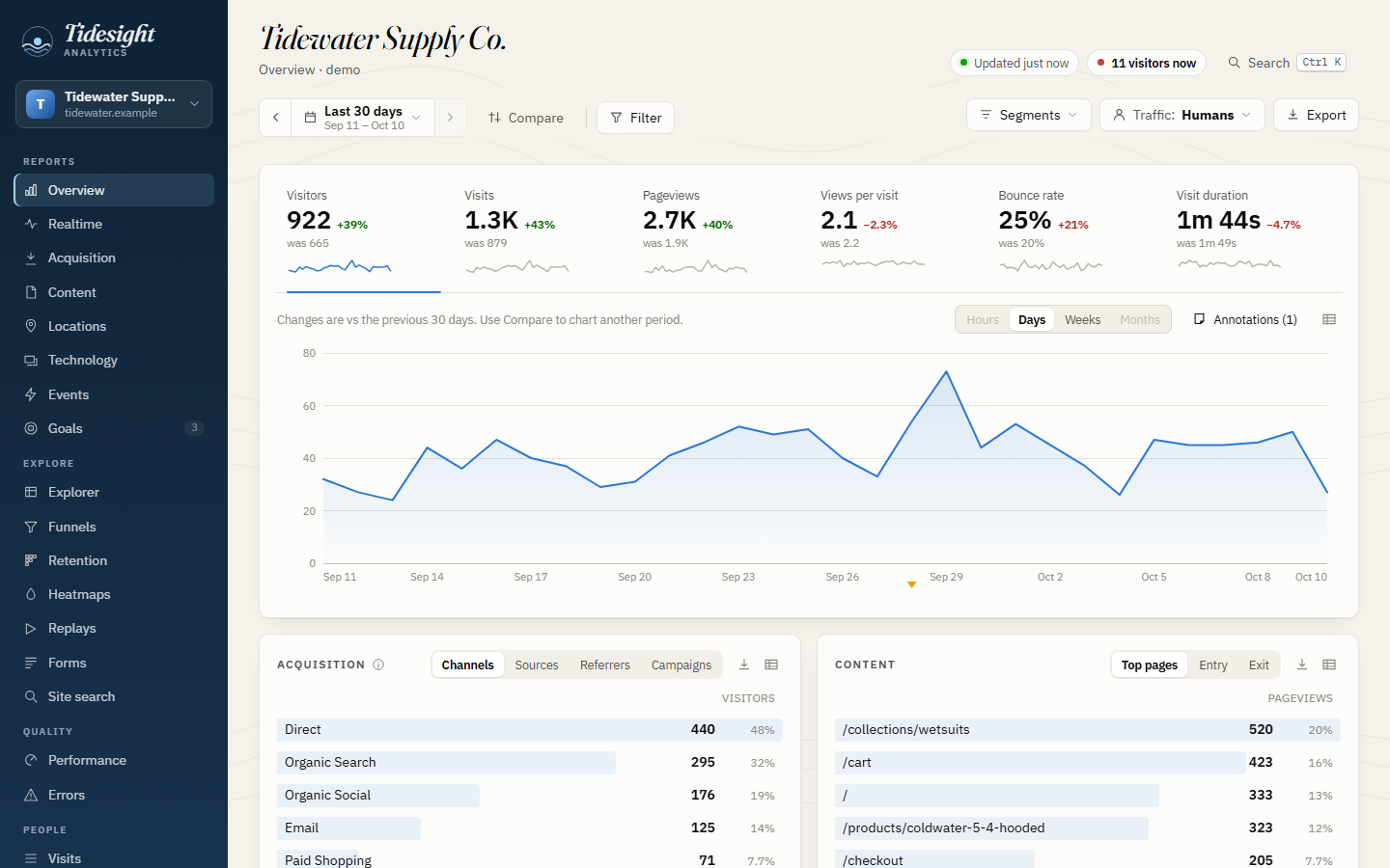 The Tidesight dashboard: overview of a surf shop's last 30 days, with visitors, visits, pageviews, bounce rate and visit duration against the previous period, a daily traffic chart, channels and top pages