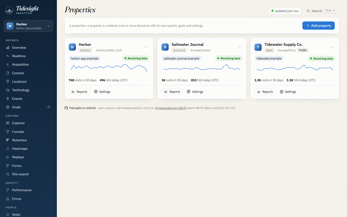 The three demo properties in the dashboard: a surf shop, a magazine and a web app