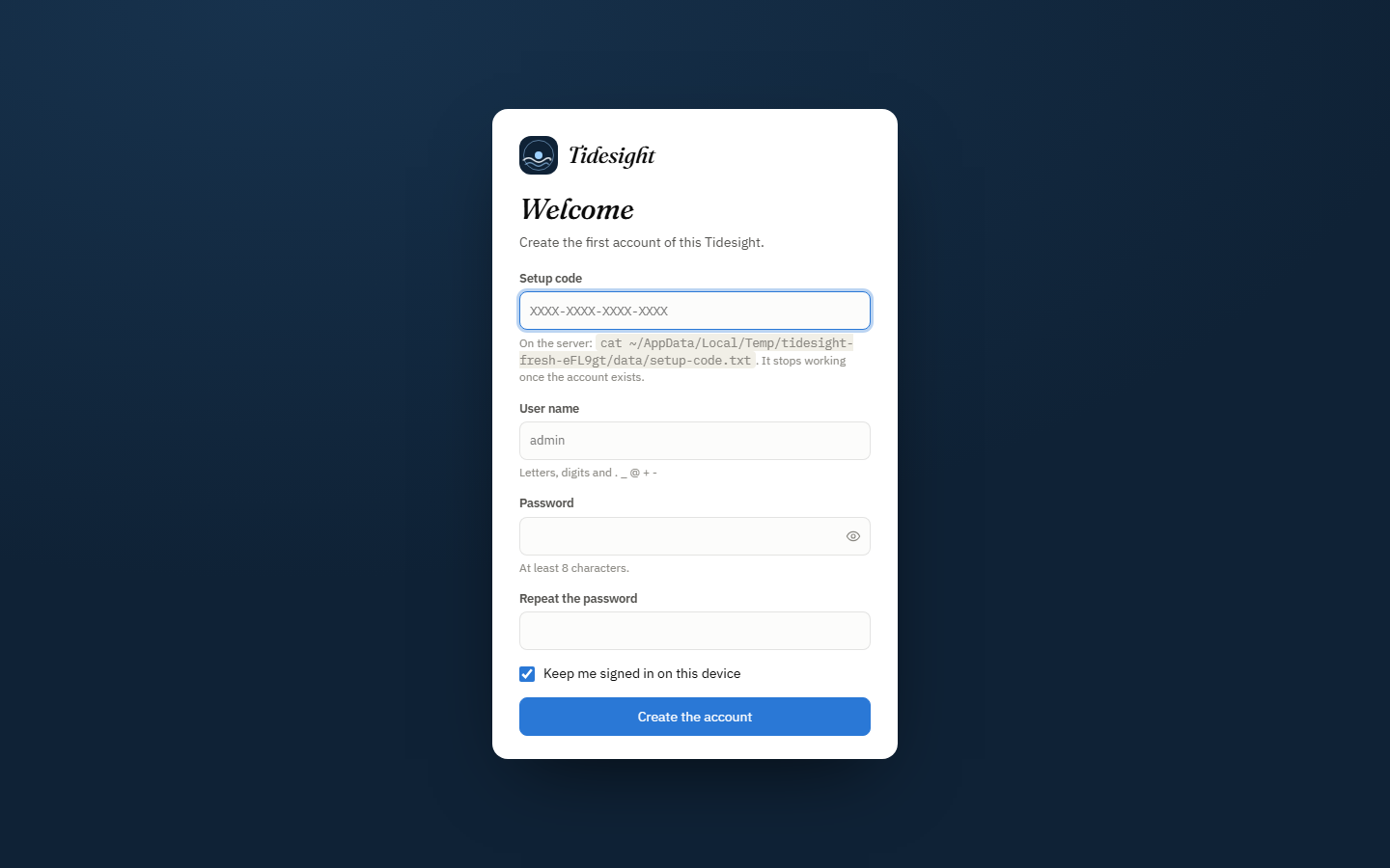 The first-account form: the setup code read on the server, a user name and a password