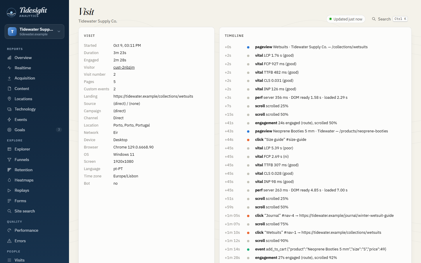 A visit's timeline: pageviews, clicks, Web Vitals, scroll, a form and a purchase, with the visit's source, location and device