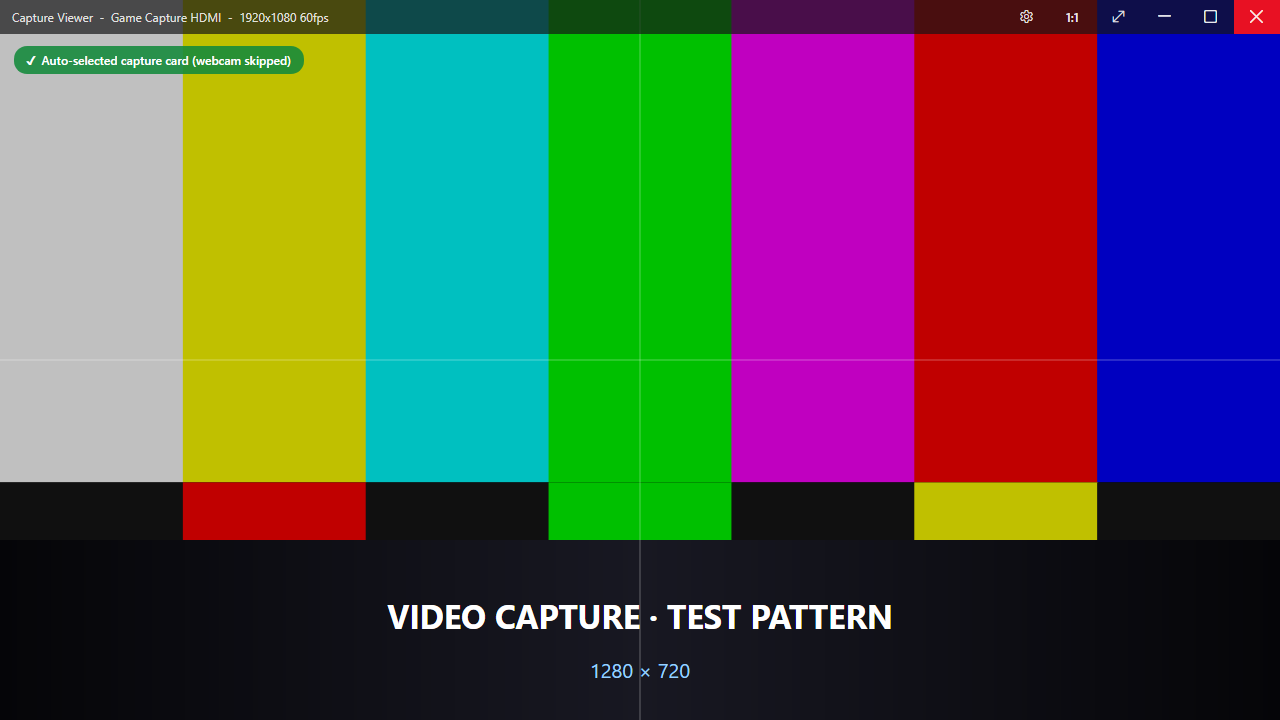Video Capture Card Viewer main window showing a captured feed