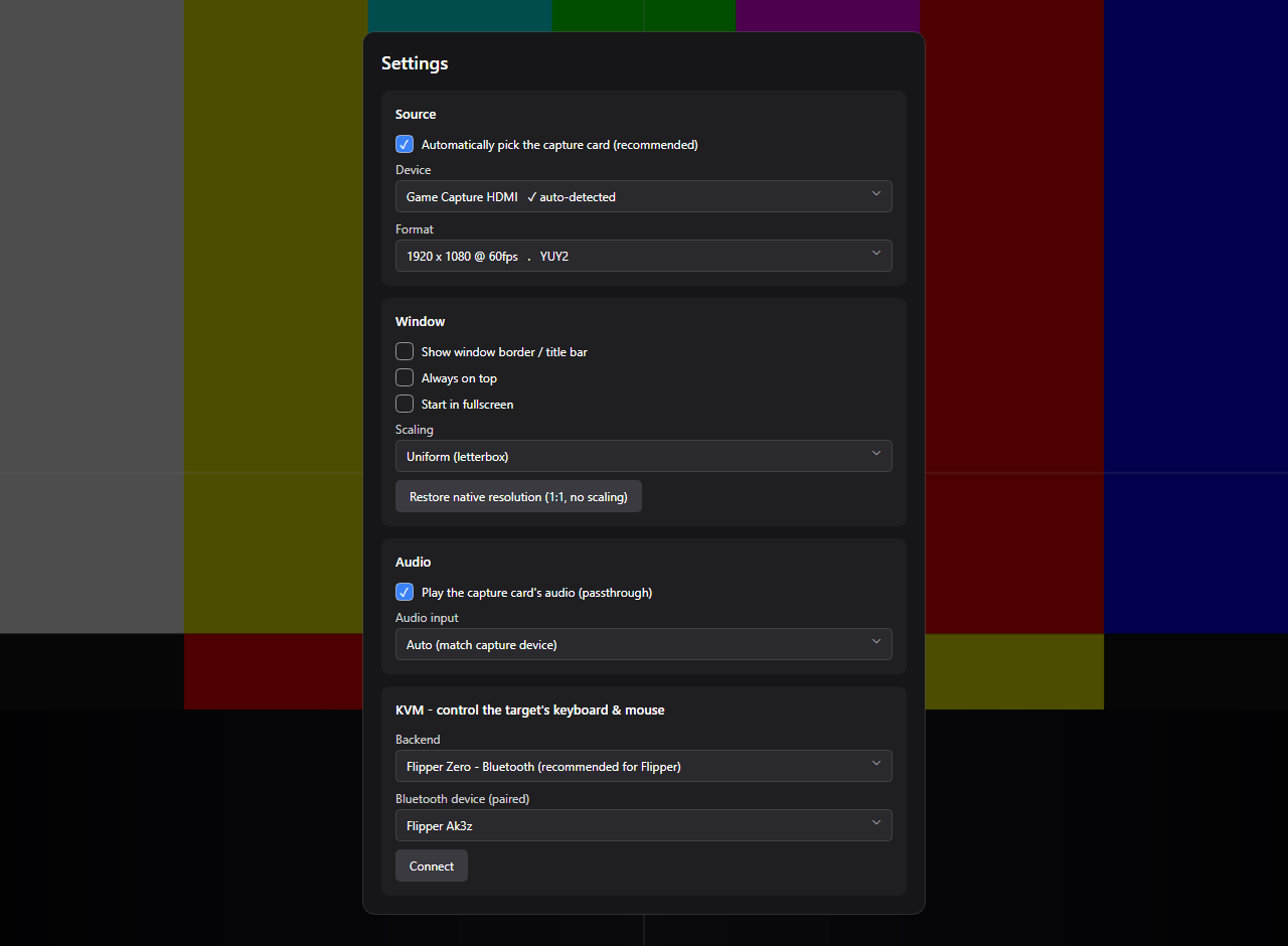 Settings window